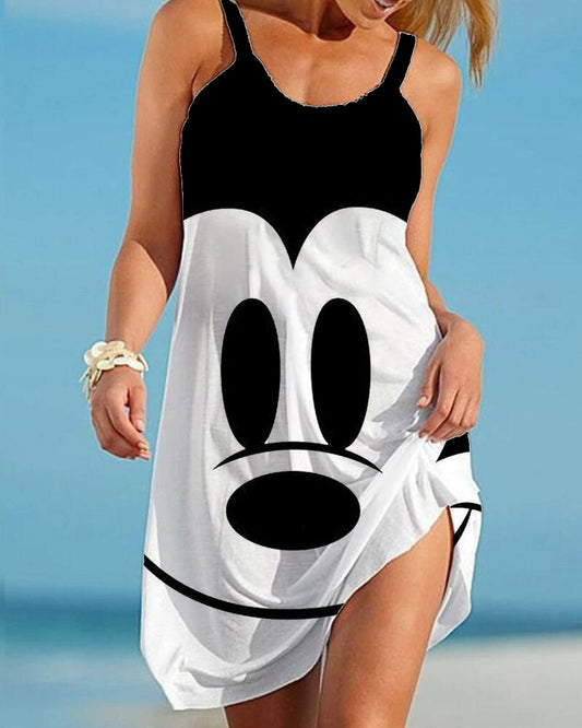 Disney Minnie Mickey Mouse Women Dresses 3D Dye Print Fashion Sleeveless Summer Halter Casual Sexy Dress Loose Kawaii Dress - Amazhona 