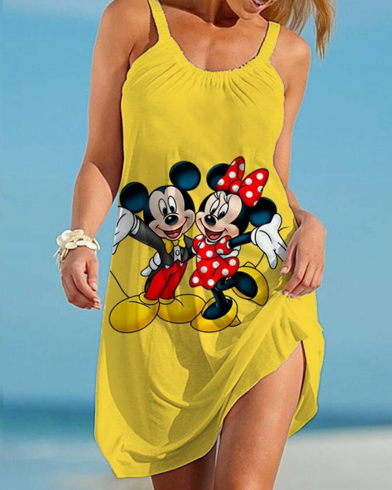 Disney Minnie Mickey Mouse Women Dresses 3D Dye Print Fashion Sleeveless Summer Halter Casual Sexy Dress Loose Kawaii Dress - Amazhona 