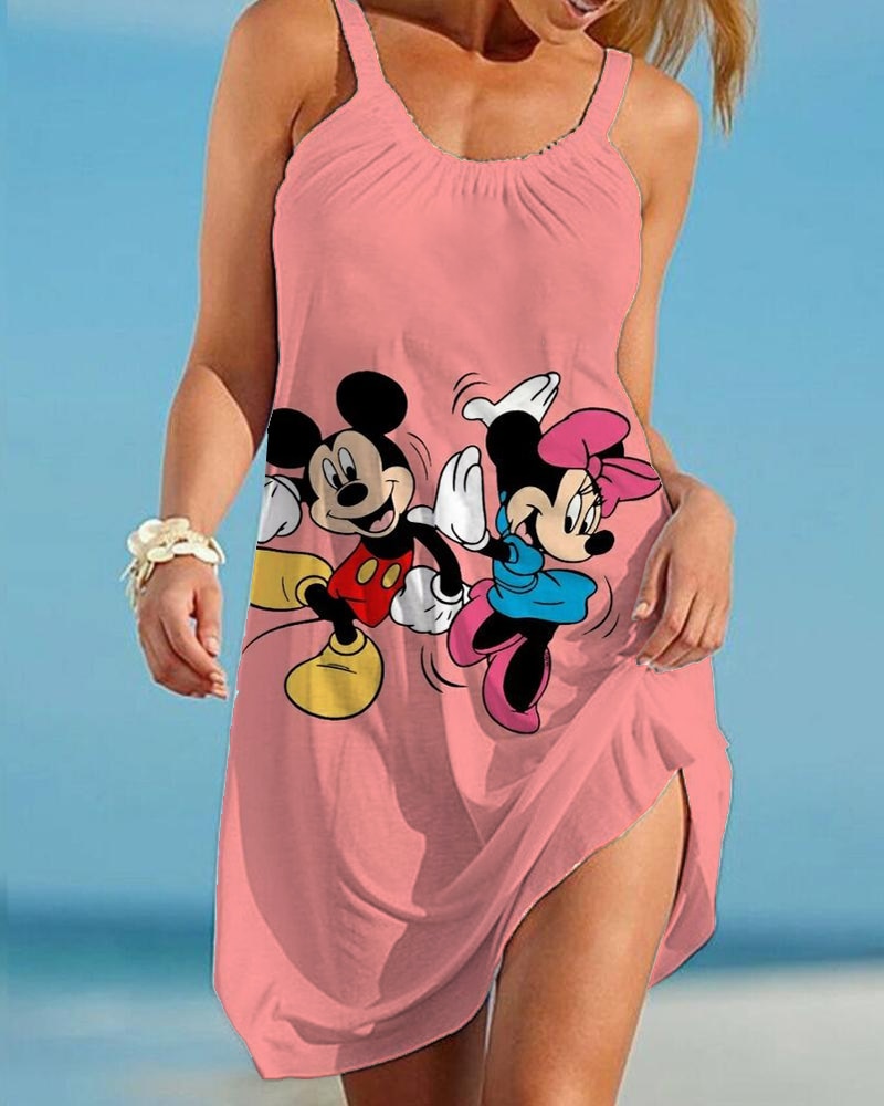 Disney Minnie Mickey Mouse Women Dresses 3D Dye Print Fashion Sleeveless Summer Halter Casual Sexy Dress Loose Kawaii Dress - Amazhona 