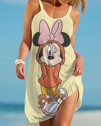 Disney Minnie Mickey Mouse Women Dresses 3D Dye Print Fashion Sleeveless Summer Halter Casual Sexy Dress Loose Kawaii Dress - Amazhona 