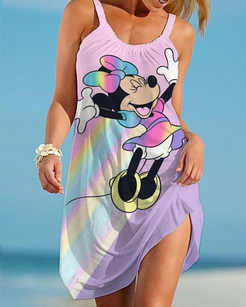 Disney Minnie Mickey Mouse Women Dresses 3D Dye Print Fashion Sleeveless Summer Halter Casual Sexy Dress Loose Kawaii Dress - Amazhona 