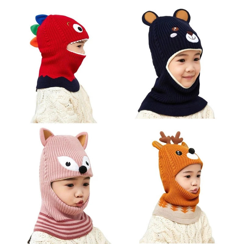 Doitbest Boy Girl Beanie Protect neck Dinosaur Fox Bear Windproof Winter Knit Hat Child Girls Earflap Caps For 2 to 7 Years Old - Amazhona 