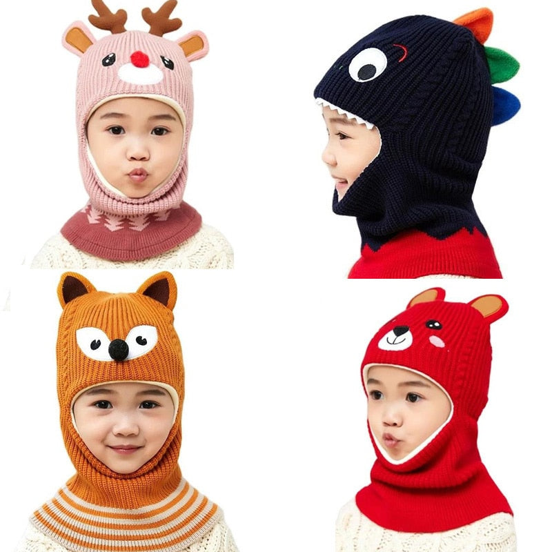 Doitbest Boy Girl Beanie Protect neck Dinosaur Fox Bear Windproof Winter Knit Hat Child Girls Earflap Caps For 2 to 7 Years Old - Amazhona 