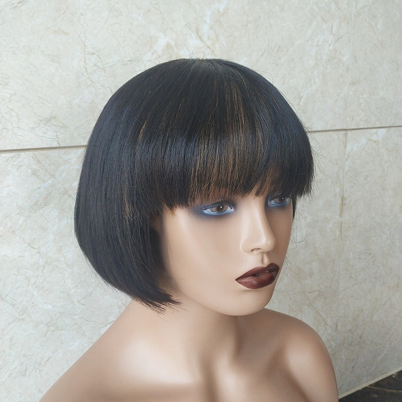 Double Drawn Short Bob Wig Brazilian Human Hair Fringe Wig - Amazhona 