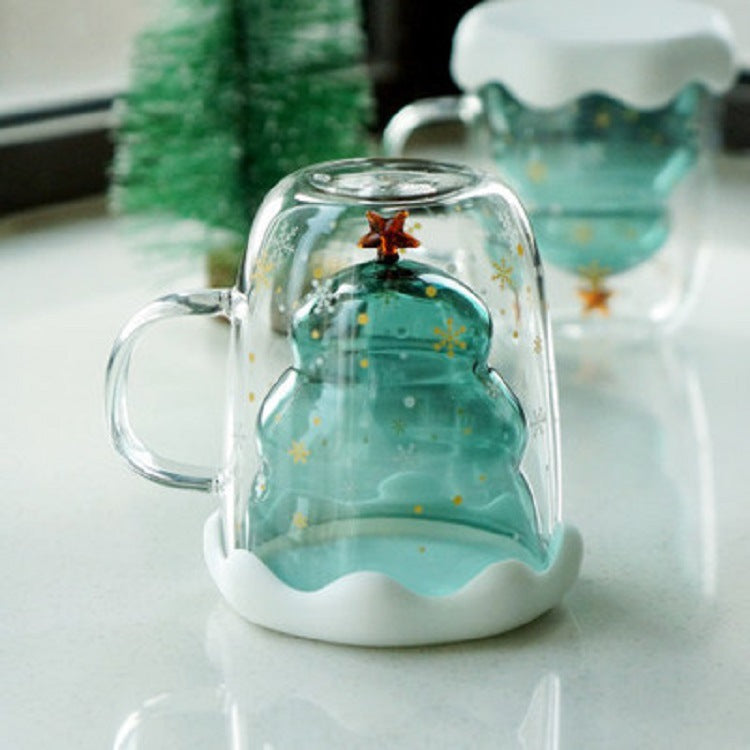 Double Heat Resistant Glass Coffee Cup Christmas Tree With Handle And Lid Milk Water Cup Cute Household Breakfast Whiskey Mug - Amazhona 