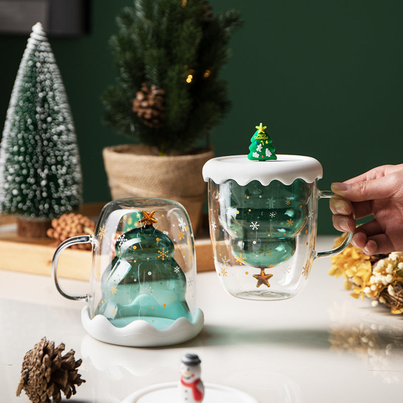 Double Heat Resistant Glass Coffee Cup Christmas Tree With Handle And Lid Milk Water Cup Cute Household Breakfast Whiskey Mug - Amazhona 