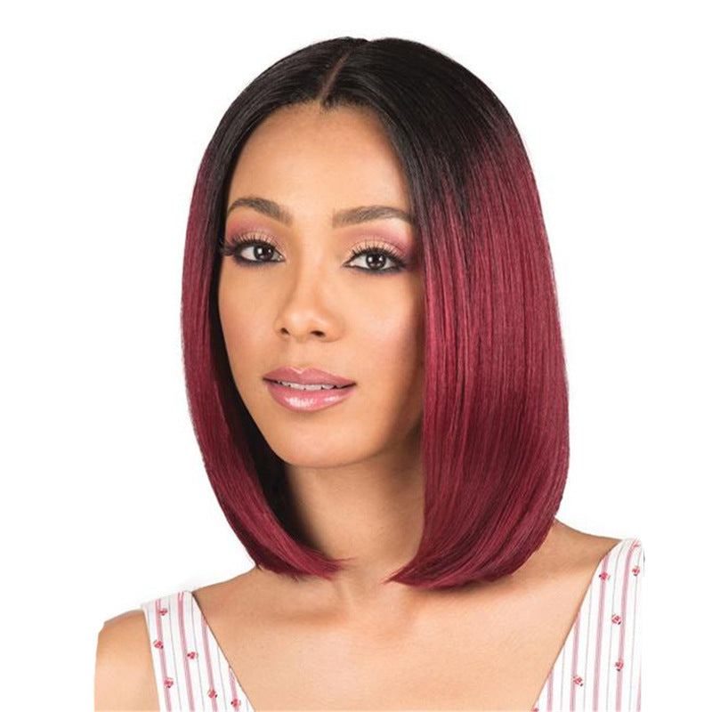 Dyeing mid-point wig female black gradient wine red bobo head - Amazhona 