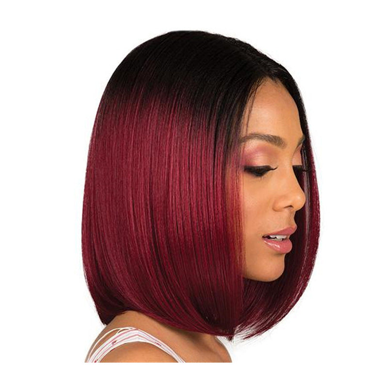 Dyeing mid-point wig female black gradient wine red bobo head - Amazhona 