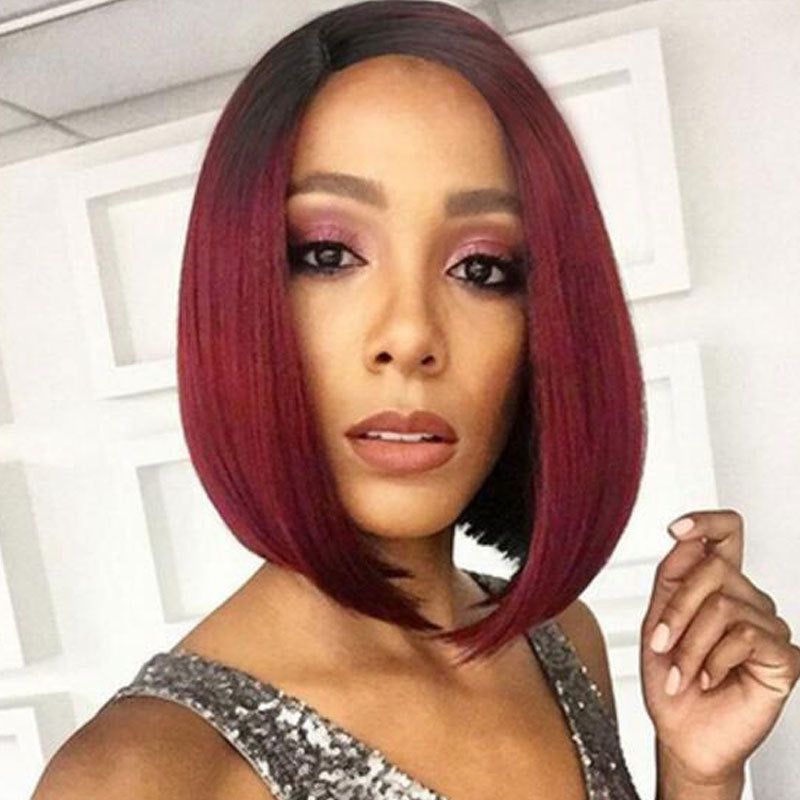 Dyeing mid-point wig female black gradient wine red bobo head - Amazhona 