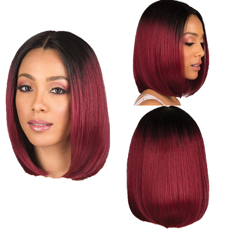 Dyeing mid-point wig female black gradient wine red bobo head - Amazhona 