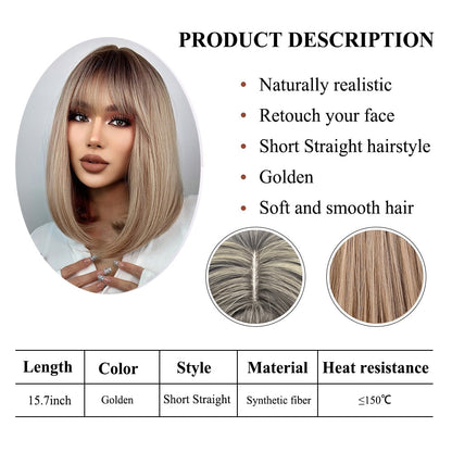 EASIHAIR Short Straight Bob Wigs with Bang Golden Brown Natural Synthetic Hair for Women Daily Cosplay Heat Resistant Fiber Wigs - Amazhona 