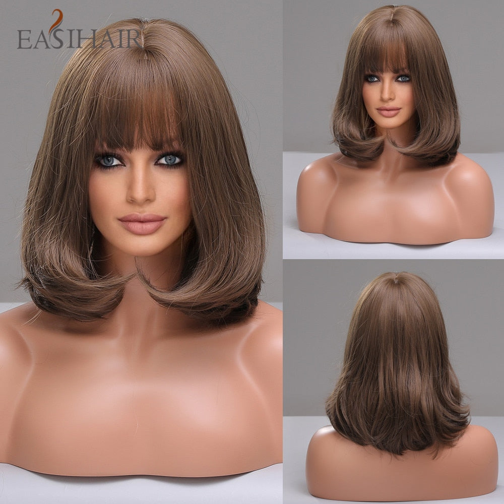 EASIHAIR Short Straight Bob Wigs with Bang Golden Brown Natural Synthetic Hair for Women Daily Cosplay Heat Resistant Fiber Wigs - Amazhona 