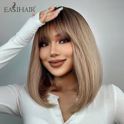 EASIHAIR Short Straight Bob Wigs with Bang Golden Brown Natural Synthetic Hair for Women Daily Cosplay Heat Resistant Fiber Wigs - Amazhona 