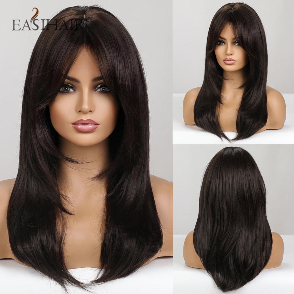 EASIHAIR Short Straight Bob Wigs with Bang Golden Brown Natural Synthetic Hair for Women Daily Cosplay Heat Resistant Fiber Wigs - Amazhona 