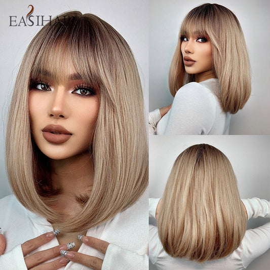 EASIHAIR Short Straight Bob Wigs with Bang Golden Brown Natural Synthetic Hair for Women Daily Cosplay Heat Resistant Fiber Wigs - Amazhona 