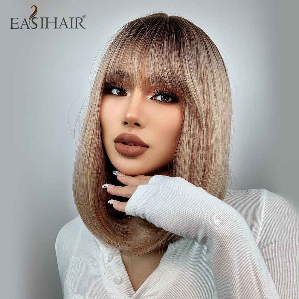 EASIHAIR Short Straight Bob Wigs with Bang Golden Brown Natural Synthetic Hair for Women Daily Cosplay Heat Resistant Fiber Wigs - Amazhona 