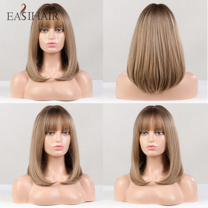 EASIHAIR Short Straight Bob Wigs with Bang Golden Brown Natural Synthetic Hair for Women Daily Cosplay Heat Resistant Fiber Wigs - Amazhona 