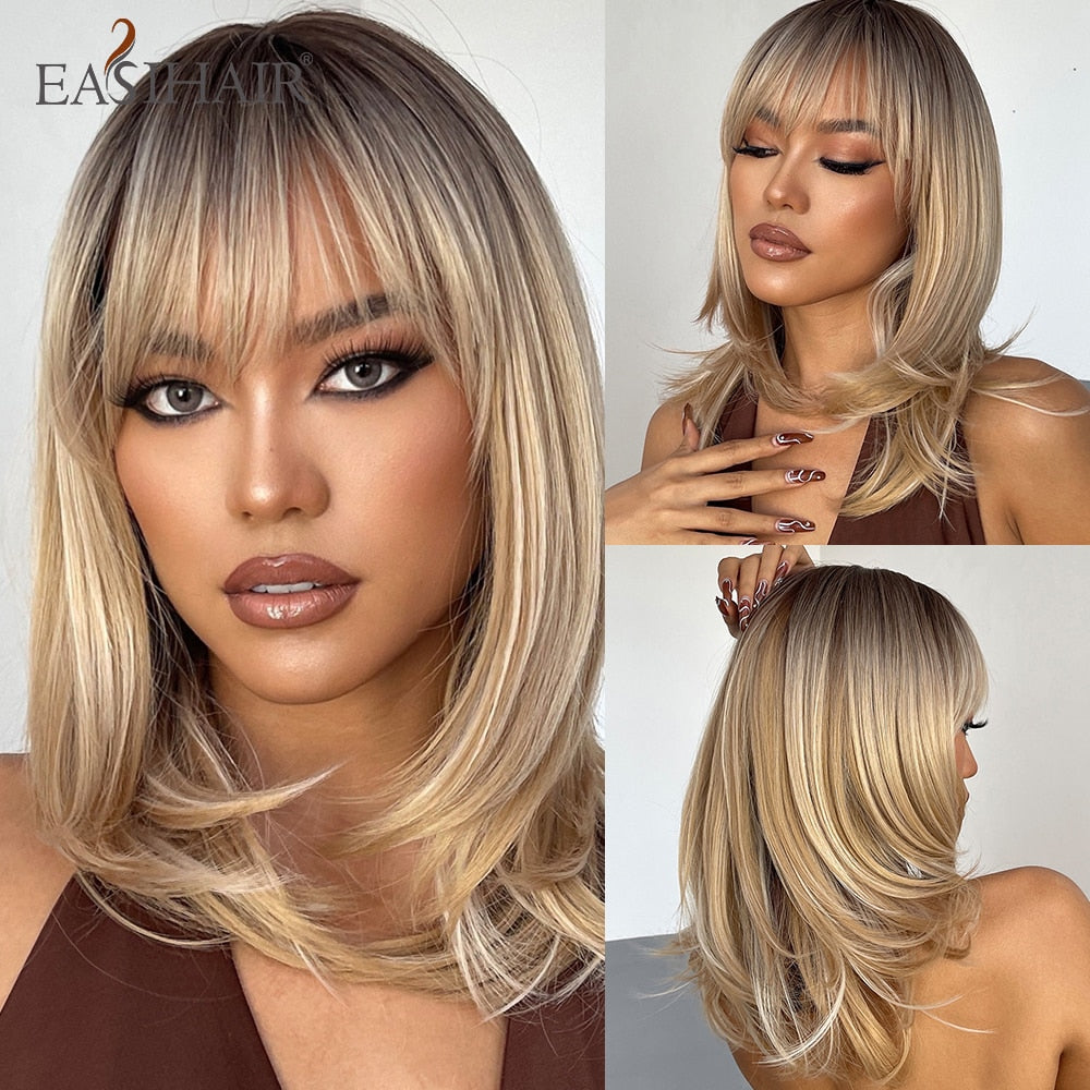 EASIHAIR Short Straight Bob Wigs with Bang Golden Brown Natural Synthetic Hair for Women Daily Cosplay Heat Resistant Fiber Wigs - Amazhona 