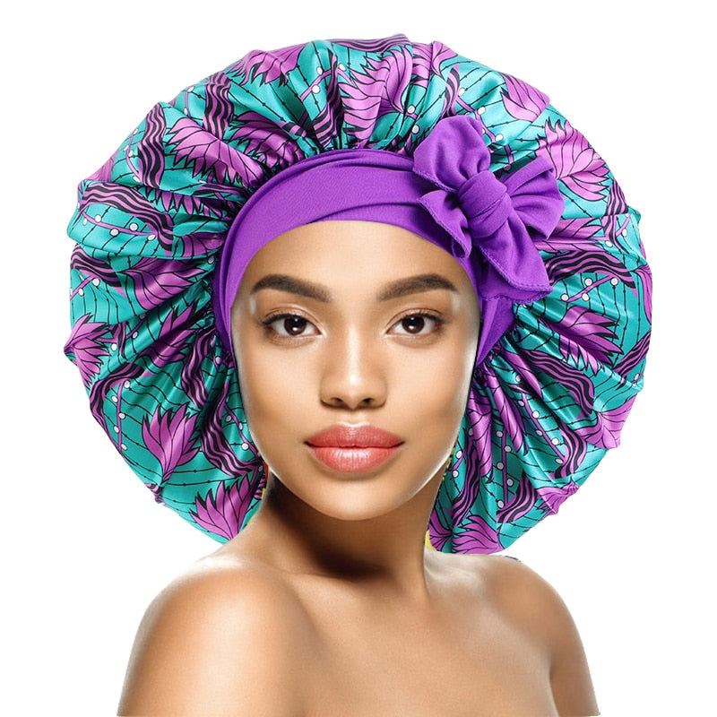 Elastic Band Large Satin Bonnet Sleeping Cap Women African Pattern Ankara Print Hat Adjustable Night Sleep Cap Soft Headcover - Amazhona 