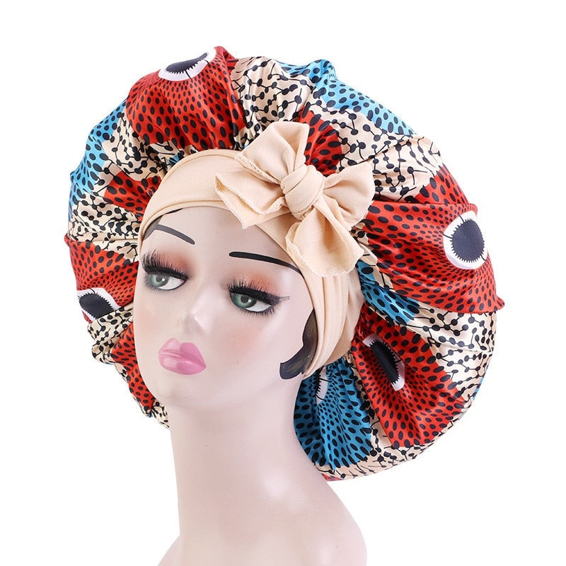 Elastic Band Large Satin Bonnet Sleeping Cap Women African Pattern Ankara Print Hat Adjustable Night Sleep Cap Soft Headcover - Amazhona 