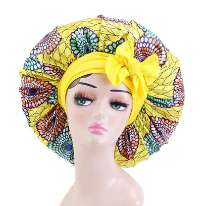 Elastic Band Large Satin Bonnet Sleeping Cap Women African Pattern Ankara Print Hat Adjustable Night Sleep Cap Soft Headcover - Amazhona 