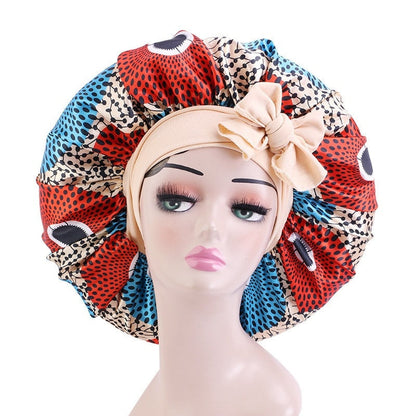 Elastic Band Large Satin Bonnet Sleeping Cap Women African Pattern Ankara Print Hat Adjustable Night Sleep Cap Soft Headcover - Amazhona 