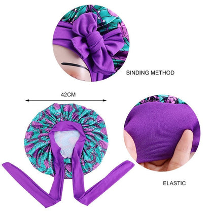 Elastic Band Large Satin Bonnet Sleeping Cap Women African Pattern Ankara Print Hat Adjustable Night Sleep Cap Soft Headcover - Amazhona 