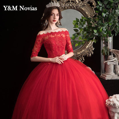 Elegant Boat Neck Vestido De Noiva 2022 New Red Wedding Dress with Sleeve Lace UP Appliques Plus Size Simple Bride Ball Gown - Amazhona 