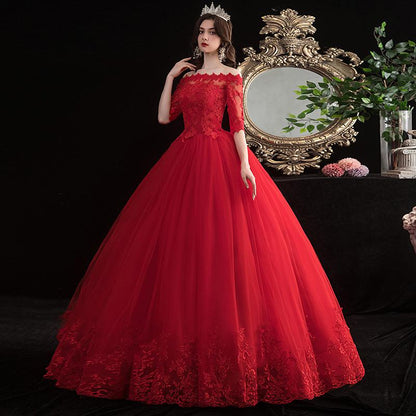 Elegant Boat Neck Vestido De Noiva 2022 New Red Wedding Dress with Sleeve Lace UP Appliques Plus Size Simple Bride Ball Gown - Amazhona 