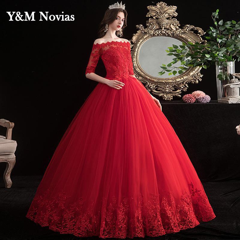 Elegant Boat Neck Vestido De Noiva 2022 New Red Wedding Dress with Sleeve Lace UP Appliques Plus Size Simple Bride Ball Gown - Amazhona 