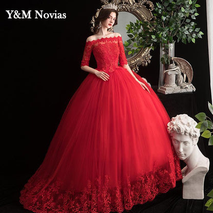 Elegant Boat Neck Vestido De Noiva 2022 New Red Wedding Dress with Sleeve Lace UP Appliques Plus Size Simple Bride Ball Gown - Amazhona 