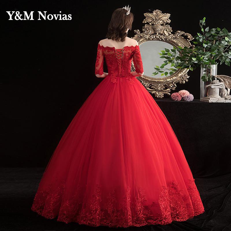 Elegant Boat Neck Vestido De Noiva 2022 New Red Wedding Dress with Sleeve Lace UP Appliques Plus Size Simple Bride Ball Gown - Amazhona 