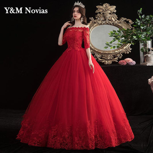 Elegant Boat Neck Vestido De Noiva 2022 New Red Wedding Dress with Sleeve Lace UP Appliques Plus Size Simple Bride Ball Gown - Amazhona 