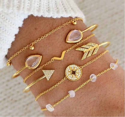 Europe The United States Cross-border Hot Hand Ornaments New Six-piece Cat's Eye Broken Stone Arrow V-shaped Set Bracelet Spot - Amazhona 