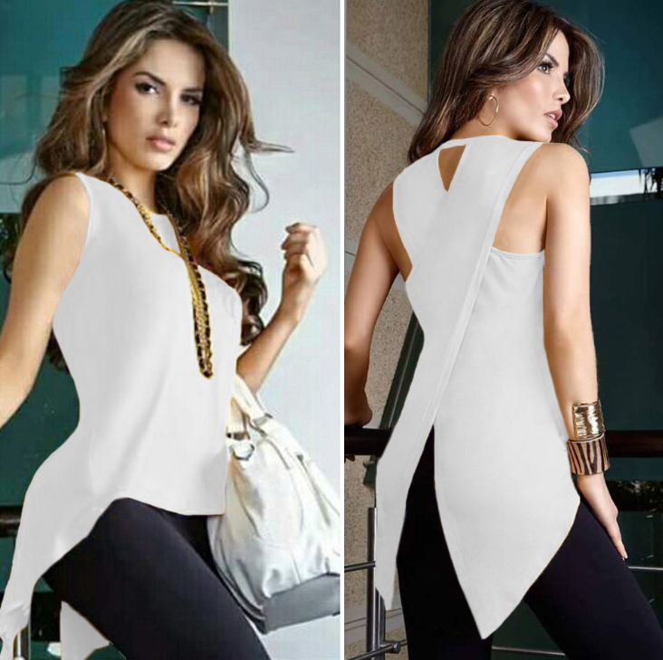 Europe and the United States 2021 spring and summer irregular fashion sleeveless back crossover shirt T-shirt - Amazhona 