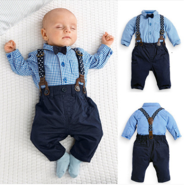 European and American boys gentleman suit, children's plaid shirt bib suit - Amazhona 