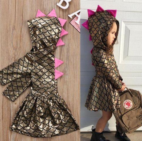 European and American children's clothing spring new baby skirt fish scale hooded dress long-sleeved girls - Amazhona 