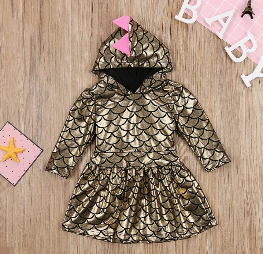 European and American children's clothing spring new baby skirt fish scale hooded dress long-sleeved girls - Amazhona 