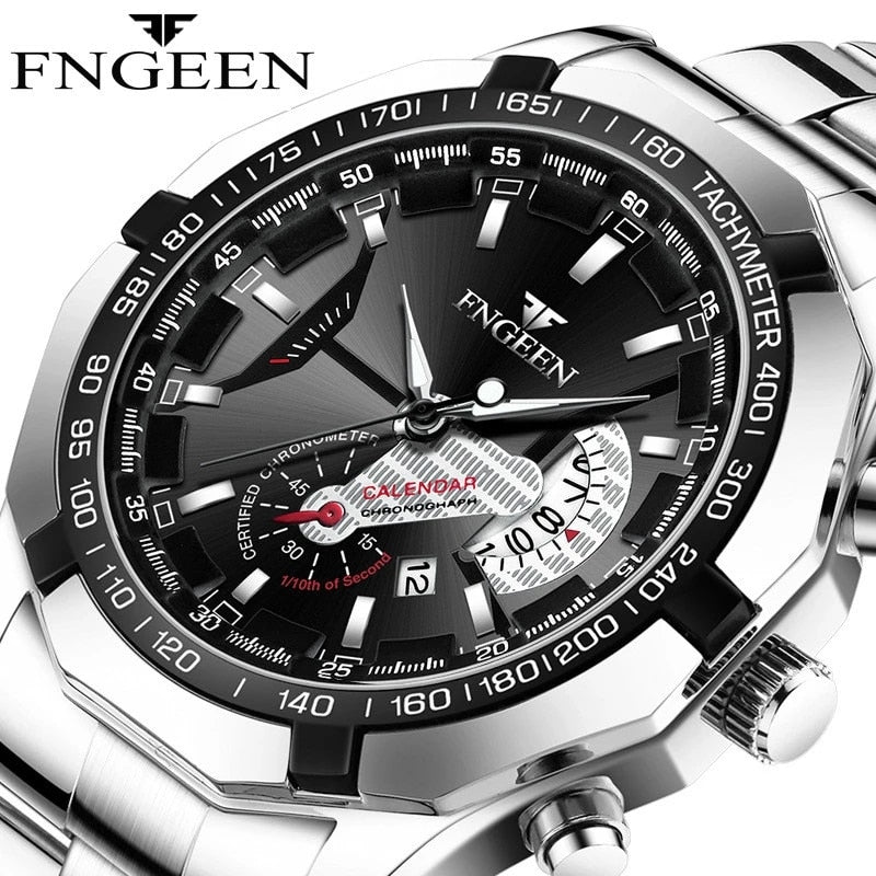 FNGEEN Luxury Men's Watches Stainless Steel Band Fashion Waterproof Quartz Watch For Man Calendar Male Clock Reloj Hombre S001 - Amazhona 