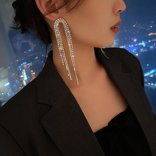 FYUAN Fashion Long Tassel Crystal Drop Earrings for Women Geometric Full Rhinestone Earrings Statement Jewelry Gifts - Amazhona 