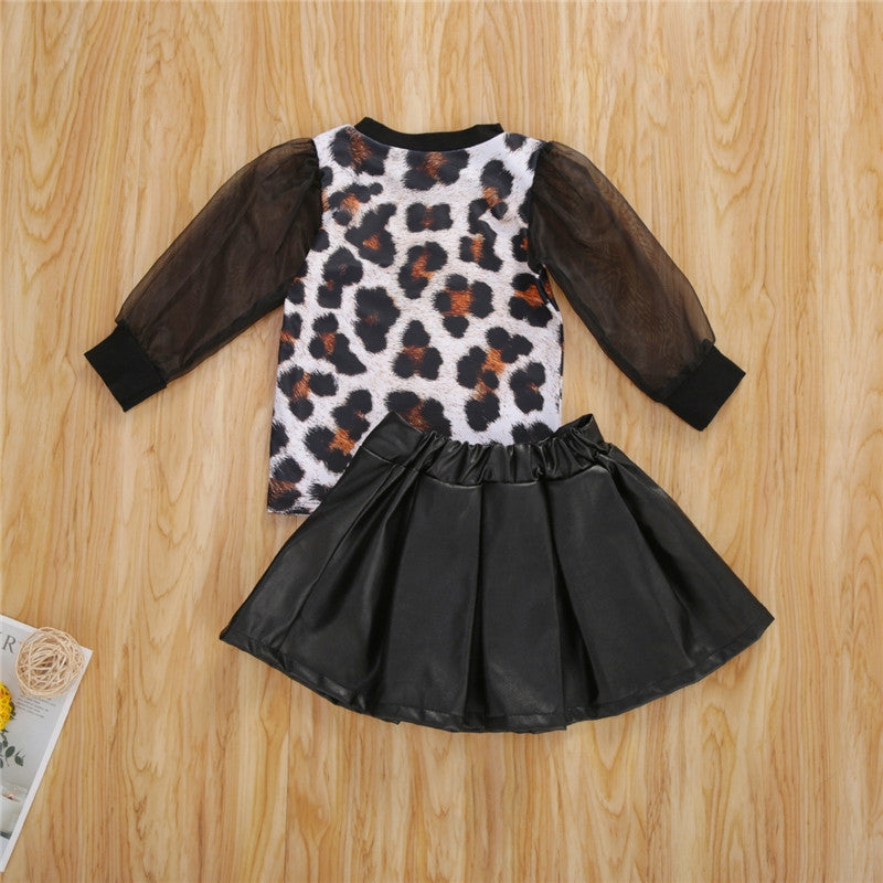 Fall toddler leopard print top T-shirt skirt girl - Amazhona 