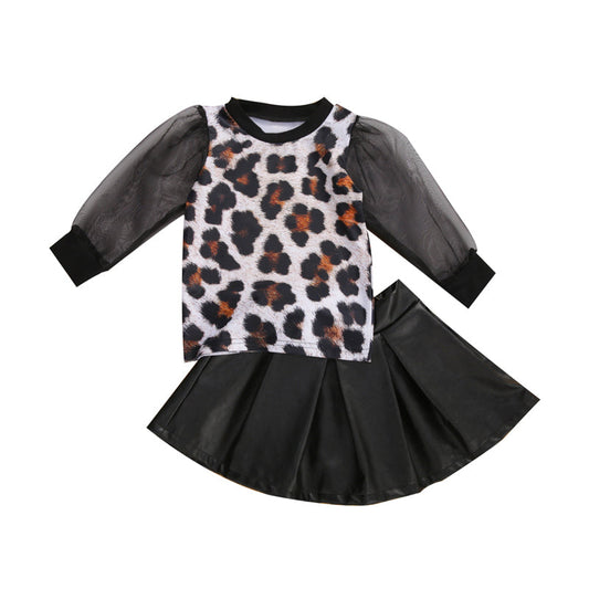 Fall toddler leopard print top T-shirt skirt girl - Amazhona 