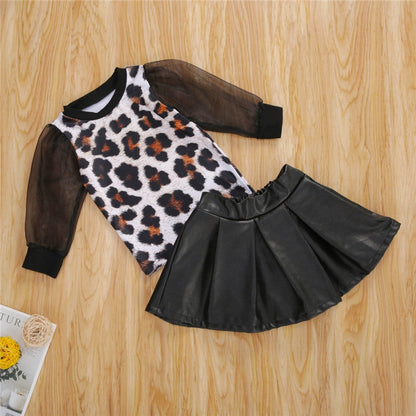 Fall toddler leopard print top T-shirt skirt girl - Amazhona 