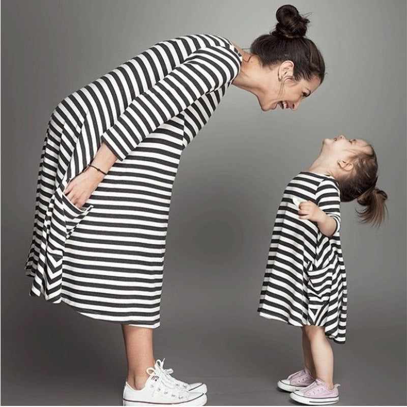 Family Clothing Matching Mother And Daughter Clothes Striped Dresses - Amazhona 