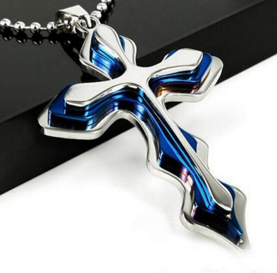 Fashion Necklace Men Creative Three-tiered Blue and Black Cross Pendant 50cm Beads Chain Necklace Jewelry Gifts for Men - Amazhona 