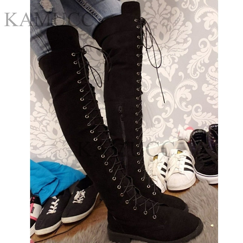 Fashion Women Cross Strap Suede Leather Boots Autumn Winter Knee High Boots Lady Thick Sole Platform Boots Over The Knee Boots - Amazhona 