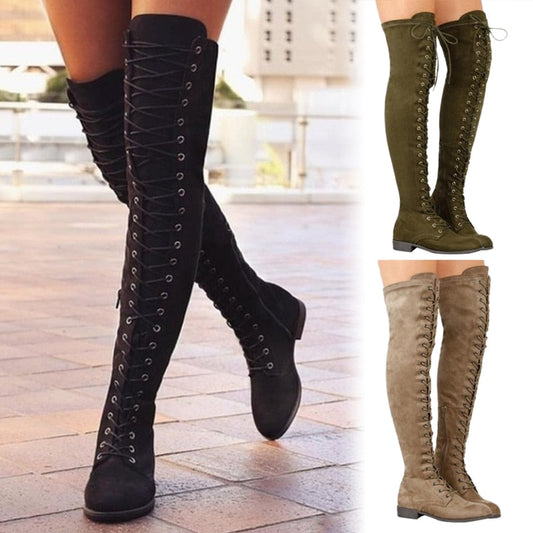 Fashion Women Cross Strap Suede Leather Boots Autumn Winter Knee High Boots Lady Thick Sole Platform Boots Over The Knee Boots - Amazhona 