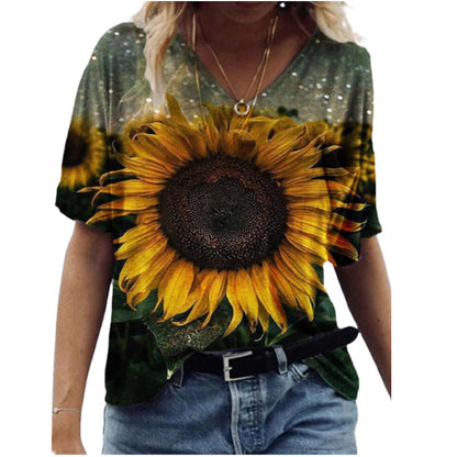 Fashion Women's Printed V-neck Short T-shirt - Amazhona 