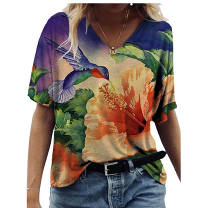 Fashion Women's Printed V-neck Short T-shirt - Amazhona 