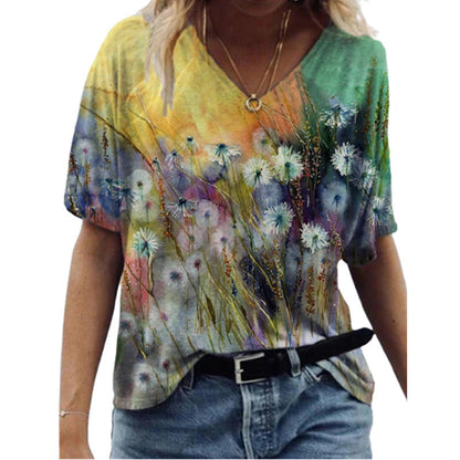 Fashion Women's Printed V-neck Short T-shirt - Amazhona 